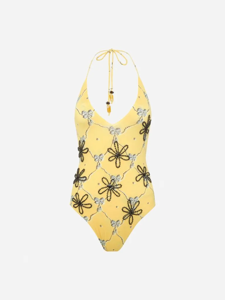 Siedrés Solena one-piece swimsuit in pale yellow with beaded trellis and floral motifs
