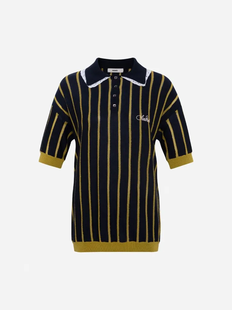 Siedrés Yuan Top, a navy and mustard striped knit polo with lace collar trim