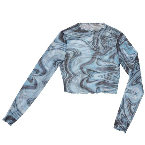 sheer blue and black long sleeve top